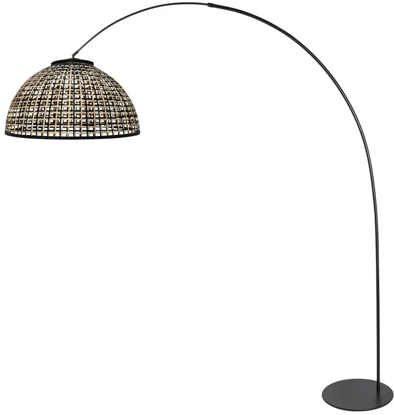 Vloerlamp Curve 4517ZW - zwarte booglamp met gevlochten bamboe kap, verstelbare hoogte, trendy stijl van Anne Light & Home in Beige, Zwart – productfoto