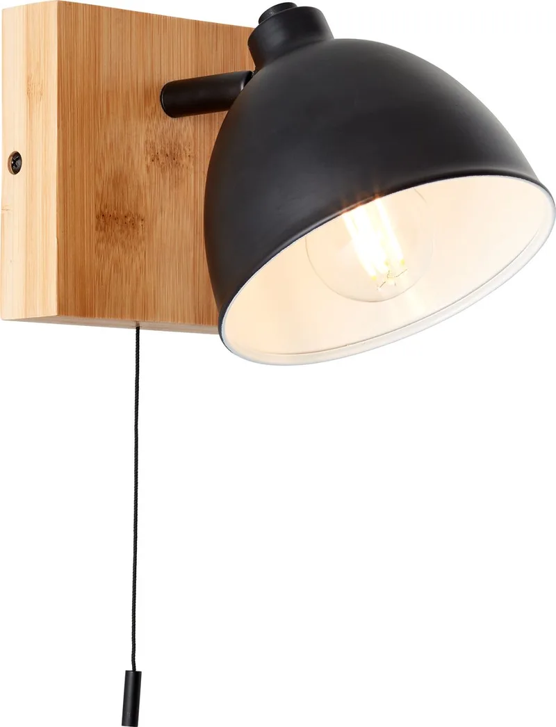 Celia wandlamp metaal/bamboe schakelaar trekken 1x D45, E14, 28 W, Geschikt voor hanglamp (niet inbegrepen) de Brilliant en Mat zwart, Bamboe – photo produit