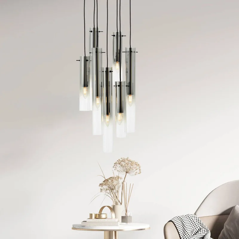 Hanglamp Glasini, Ø 32 cm, rookgrijs, 7-lamps, glas von Brilliant in Matzwart, Rookgrijs, Transparent – Produktfoto