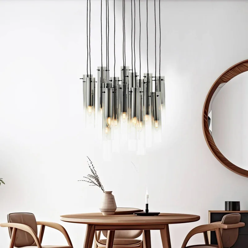 Hanglamp Glasini, Ø 52 cm, rookgrijs, 14-lichts, glas de Brilliant en Matzwart, Rookgrijs, Transparent – photo produit