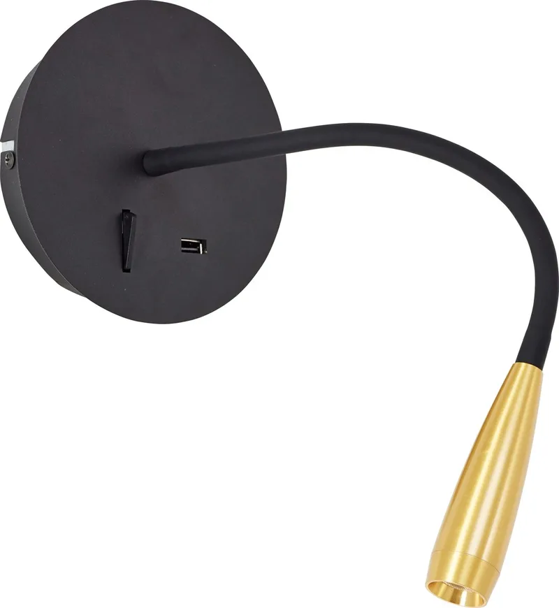 Jutta - Wandlamp - LED 2.8 met flexibele arm en schakelaar - USB functie - Zwart/Goud von Brilliant in Zandzwart, Mat goud – Produktfoto