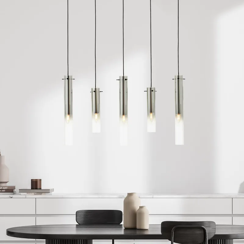 Lamp Glasini hanglamp 5 lampen metaal/zwart glas 5x C35, E14, 25 W från Brilliant i Mat zwart, Gerookt glas – produktbild