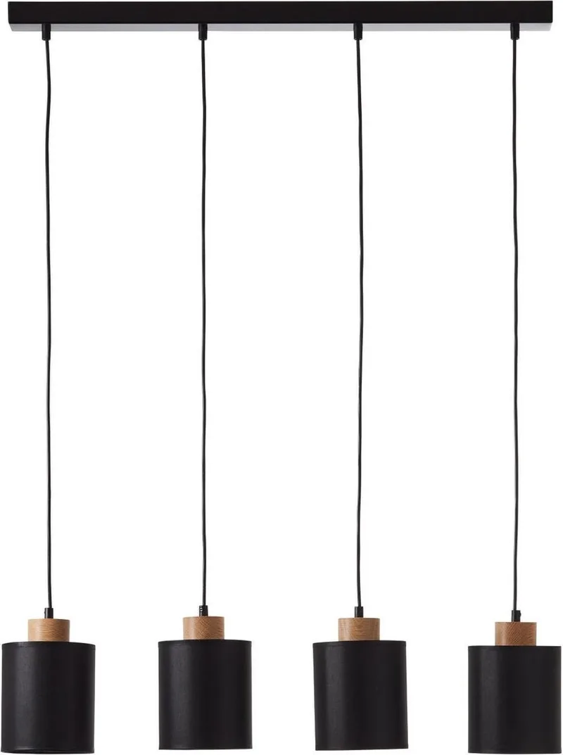 lamp, Vonnie hanglamp 4-vlammen zwart/houtkleurig, metaal/hout/textiel, 4x A60, E27, 25W, normale lampen (niet meegeleverd), A++ van Brilliant in Zwart – productfoto
