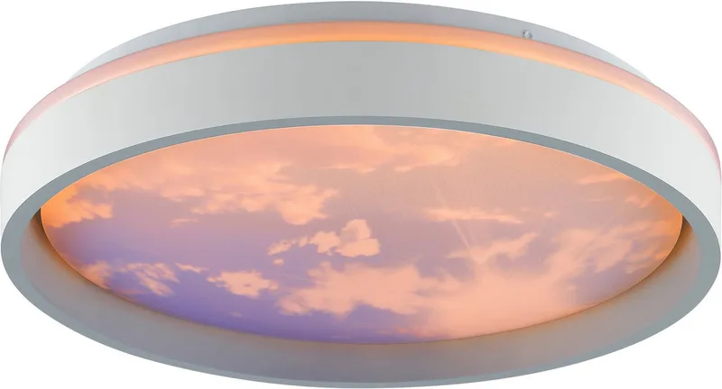 LED Deckenleuchte Sky-Dream, CCT - über Fernbedienung, Dimmfunktion, Memoryfunktion, Nachtlichtfunktion, Timerfunktion, LED fest integriert, warmweiß - kaltweiß, Himmel Optik mit Wolkenmotiv, CCT 1800-6500 K, dimmbar de Brilliant en Gris – photo produit