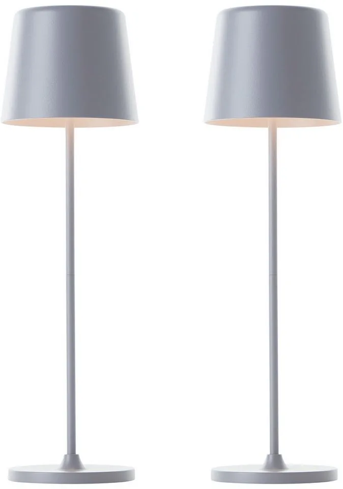 LED Tischleuchte Kaami - mobile LED Außen Akku Tischlampe 2er-Set, Dimmfunktion, mehrere Helligkeitsstufen, LED fest integriert, Warmweiß, 310 lm, Touchdimmer, USB, Akku, Outdoor, Indoor, Akkuleuchte 37cm hoch von Brilliant in Grau – Produktfoto