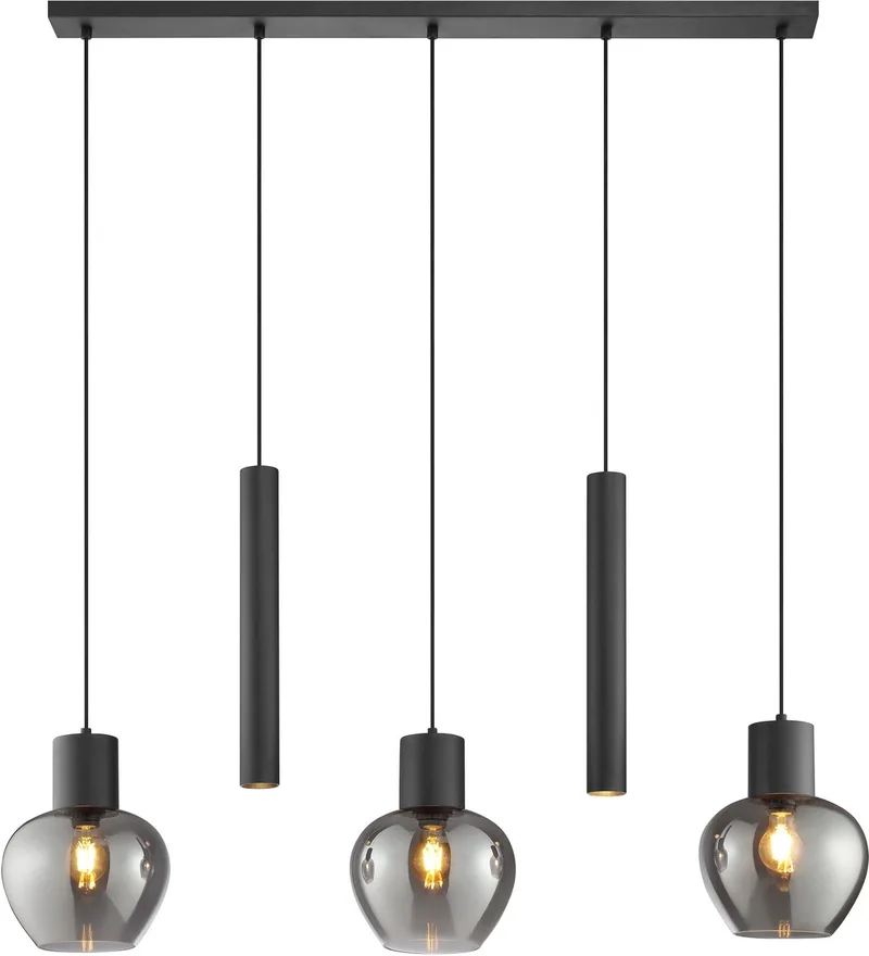 Ligari - Hanglamp - 5-lichts - Balk 123 cm - E27 max 3x20W/GU10 max 2x10W - Zwart/Smoke by Brilliant in Black – product photo