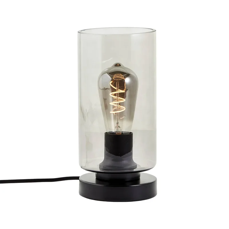 Mesmer bordlampe med glasskærm fra Brilliant i Rookgrijs-transparant, Zwart mat – produktbillede