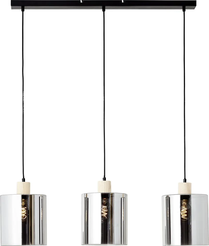 Weald 3-vlams hanglamp metaal/glas/hout 3x A60, E27, 40W, geschikt voor een normale gloeilamp (niet meegeleverd) von Brilliant in Schwarz, Rook, Hout – Produktfoto