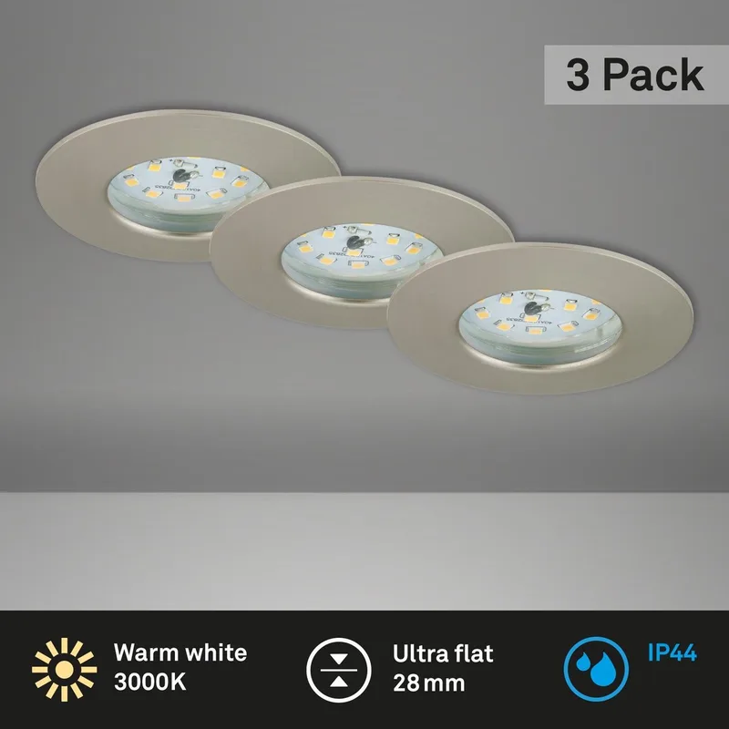 ATTACH ONE - inbouwspots set van 3 - IP44 (badkamer) - 3 x LED / 5W 400lm - lichtkleur: warm wit - inbouwdiepte: 30mm - inbouwmaat: 60mm - product: Ø75mm - mat nikkel de Briloner en Mat-nikkel – photo produit