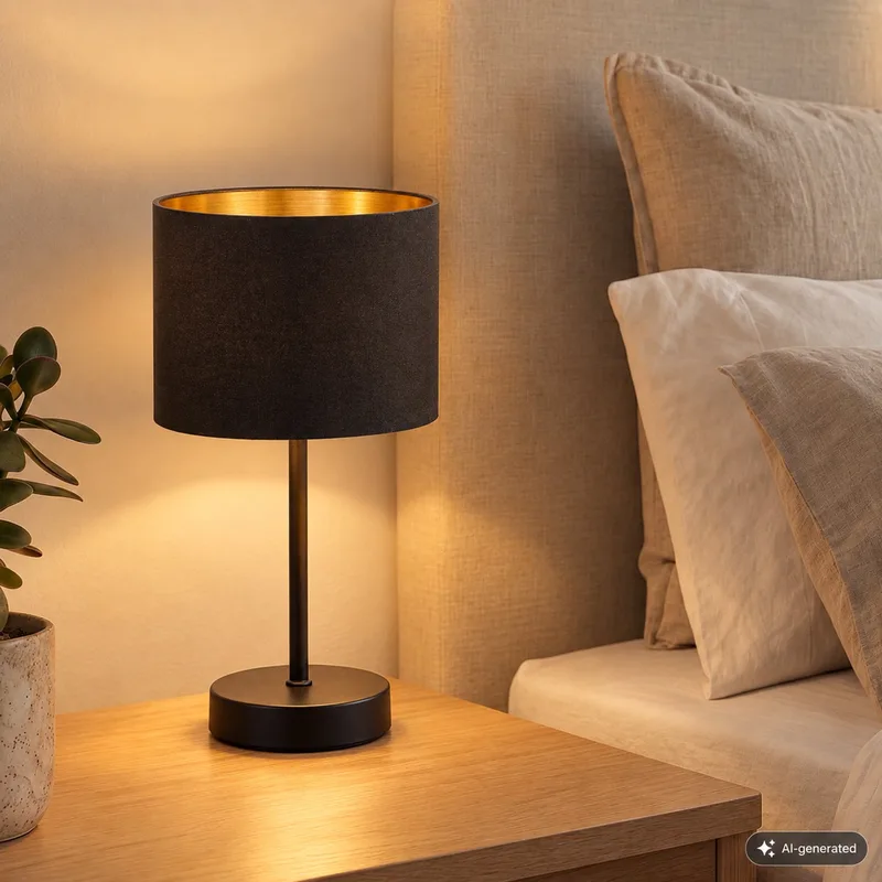 B.K.Licht - Gouden Tafellamp - metaal & stof - met kap - voor binnen - industriële bedlamp - slaapkamer lamp - E27 fitting - excl. lichtbron de Briloner en Noir – photo produit
