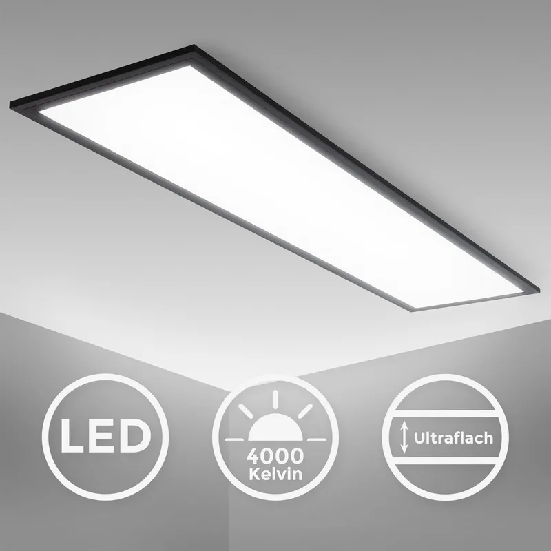 B.K.Licht - Plafondlamp - LED paneel zwart - 25x100 cm - ultraplat plafonniere bureau lamp - 4000K - 2.200Lm - 22W de Briloner en Zwart an, Uit – photo produit