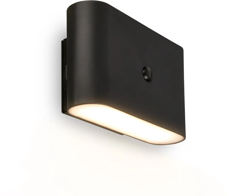 Chet – LED Wandlamp oplaadbaar – zonder stroom & boren – met bewegingssensor – warm wit licht – met kleefpad – 16 x 9,5 x 6,5 cm by Briloner in Black – product photo