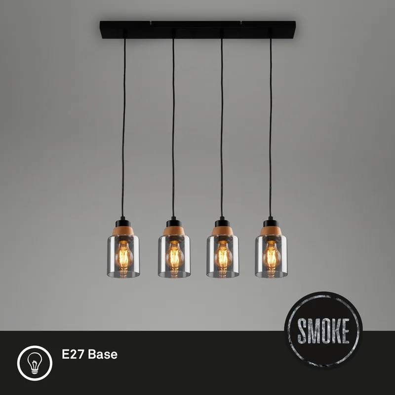 Hanglamp - 4486045 - E27 fitting - Rookglas - Houttoepassing - Gloeilamp niet inbegrepen - 65 x 9,5 x 141 cm - Zwart hout de Briloner en Rook – photo produit