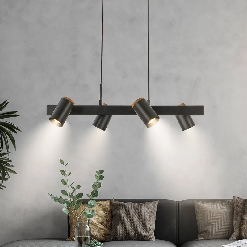 Hanglamp Duta, lengte 120 cm, zwart mat, metaal 4-lamps. de Briloner en Noir, Houtkleurig – photo produit