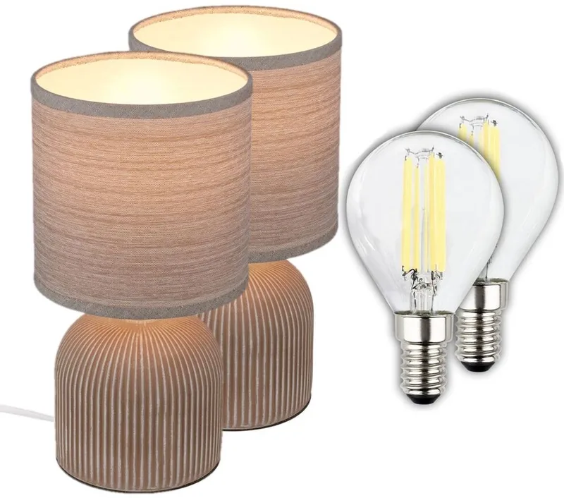 Ino - Set van 2 Tafellampen incl. lampen - met stoffen kap & keramiek voet - bedlamp slaapkamer incl. verlichting - h: 28 cm - bruin de Briloner en Marron – photo produit