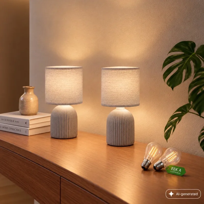 Ino - Set van 2 Tafellampen incl. lampen - met stoffen kap & keramiek voet - bedlamp slaapkamer incl. verlichting - h: 28 cm - grijs de Briloner en Gris – photo produit