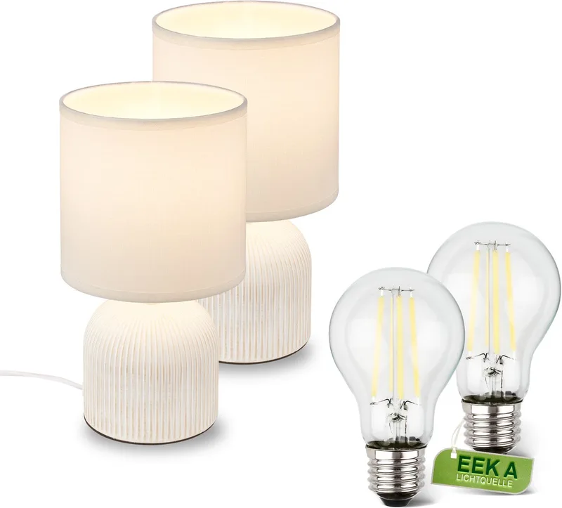 Ino - Set van 2 Tafellampen incl. led lampen - met stoffen kap & keramiek voet - bedlamp slaapkamer incl. verlichting - h: 28 cm - wit von Briloner in Weiß – Produktfoto