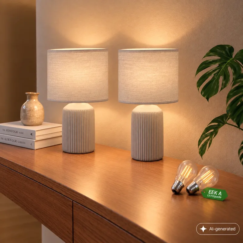 Ino - Set van 2 Tafellampen incl. led lampen - met stoffen kap & keramiek voet - bedlamp slaapkamer - h: 37.5 cm - grijs de Briloner en Gris – photo produit