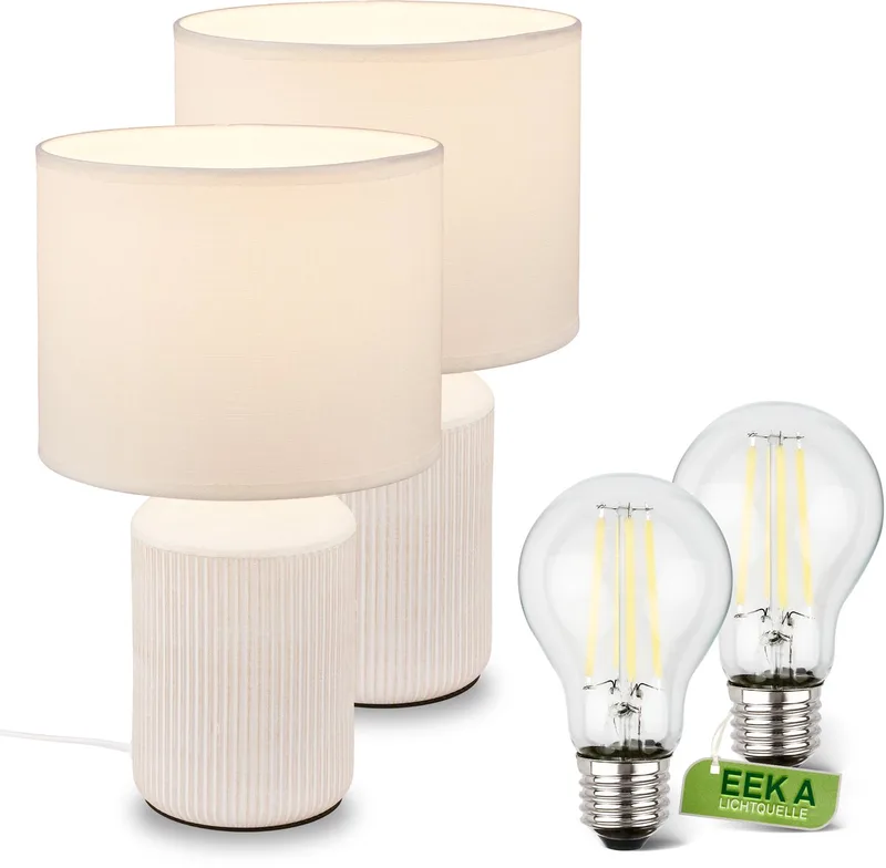 Ino - Set van 2 Tafellampen incl. led lampen - met stoffen kap & keramiek voet - bedlamp slaapkamer - h: 37.5 cm - wit från Briloner i Vit – produktbild