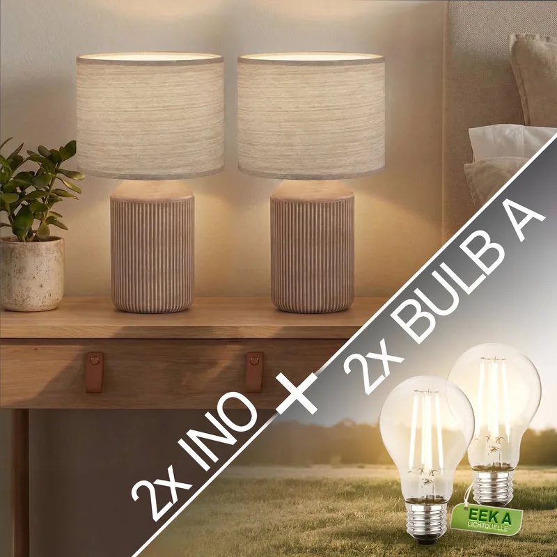 Ino- Set van 2 Tafellampen incl. led lampen - met stoffen kap & keramiek voet - bedlamp slaapkamer - h: 37.5 cm - bruin de Briloner en Marron – photo produit