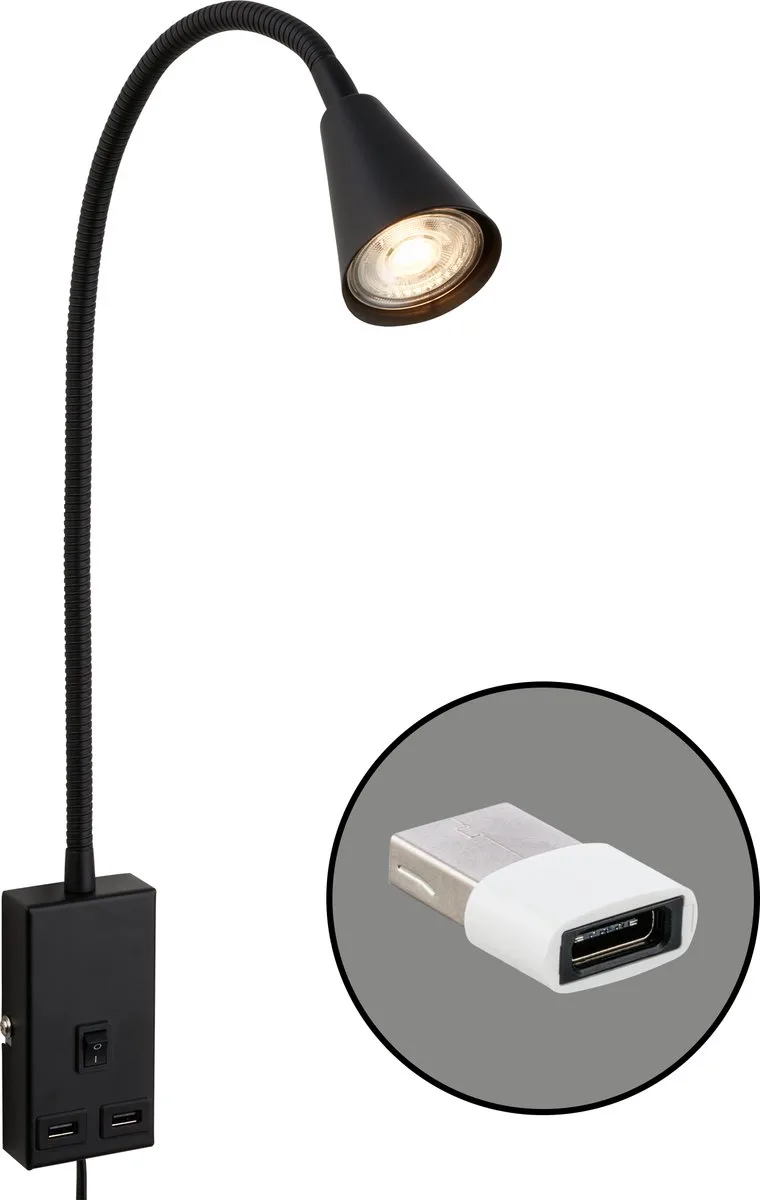 Justra - Stekkerlamp - leeslamp - draaibaar - 2 USB poorten - wandlamp - 48,5 x 6 x 42,5 cm de Briloner en Noir – photo produit