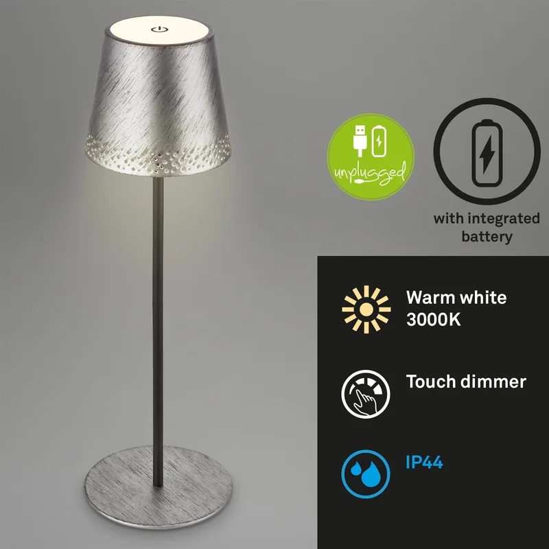 Kiki - Oplaadbare Tafellamp - dimbaar - voor binnen en buiten - in hoogte verstelbaar - warm wit licht - zilver de Briloner en Antiek zilver – photo produit