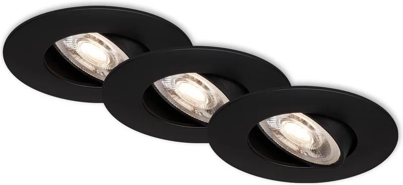 KULANA - inbouwspots set van 3 - dimbaar - draaibare inbouwarmaturen - 3 x LED / 5W 460lm - lichtkleur: warm wit - inbouwdiepte: 30mm - inbouwmaat: 68mm - product: Ø90mm - zwart de Briloner en Matzwart – photo produit