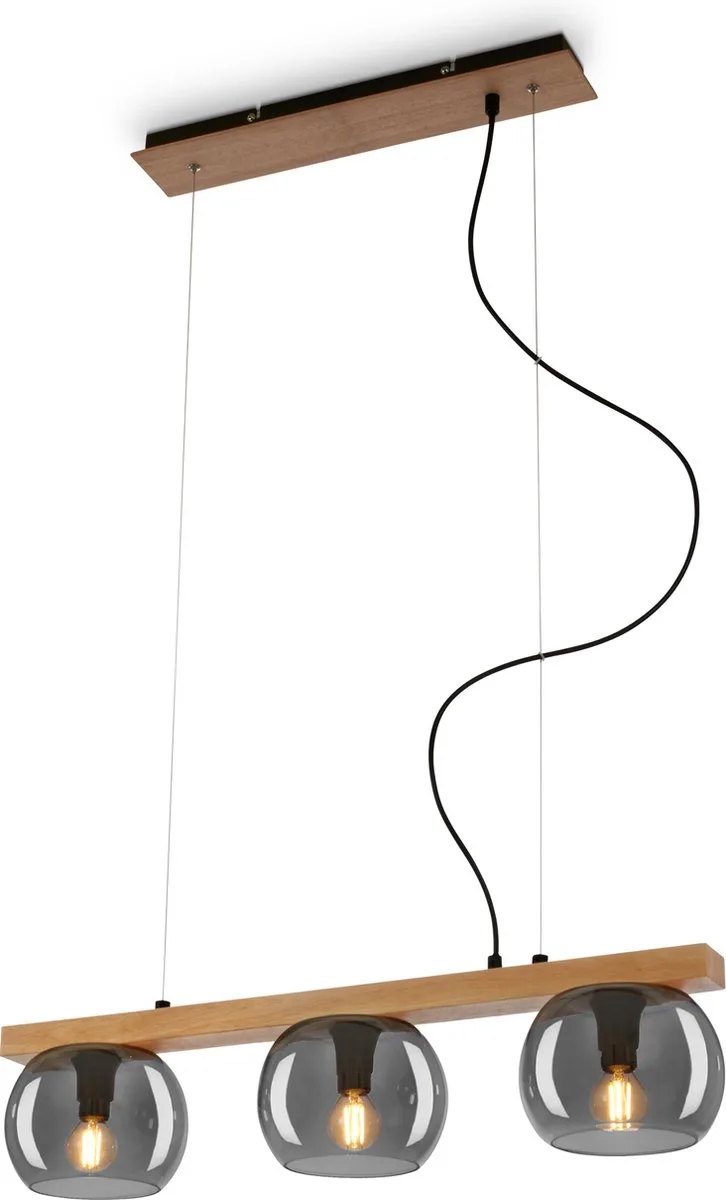 KYRO - Hanglamp, met hout, rookglas, 3x E14 max.10W de Briloner en Rook – photo produit