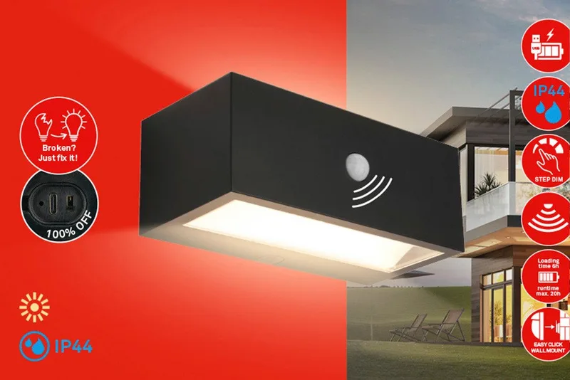 LED-buitenwandlamp DOGU, geïntegreerde LED, 18,5x9,5x7,5 cm, vervangbare accu, binnen/buiten, balkon, huisgevel van Briloner in Zwart – productfoto