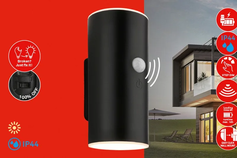 LED Außen-Wandleuchte SUDA, LED fest integriert, 7x8,5x15,5 cm, Akku tauschbar, Indoor/Outdoor, Balkon, Hauswand von Briloner in Schwarz – Produktfoto