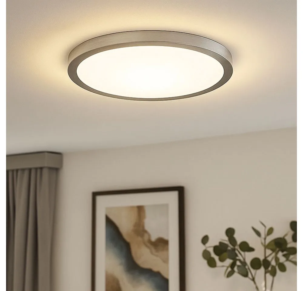 LED Deckenleuchte, LED-Leuchtmittel fest verbaut, Warmweiß, LED Deckenleuchte Wohnzimmerlampe Hintergrundbeleuchtung silber rund von Briloner in Silber – Produktfoto