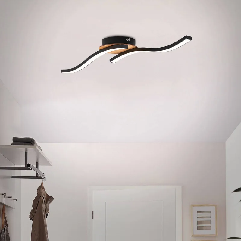 LED-loftlampe Go med 2 lyskilder, sort/trælook med bølget mønster fra Briloner i Sort, Licht hout – produktbillede