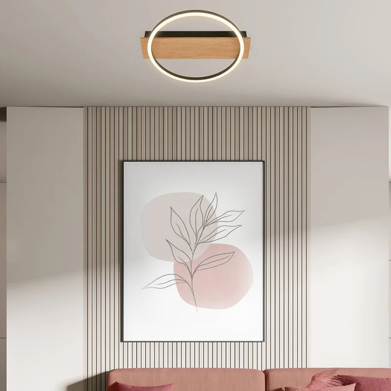 LED plafondlamp Kada, Ø 30 cm, hout, metaal, zwart de Briloner en Licht hout, Noir – photo produit
