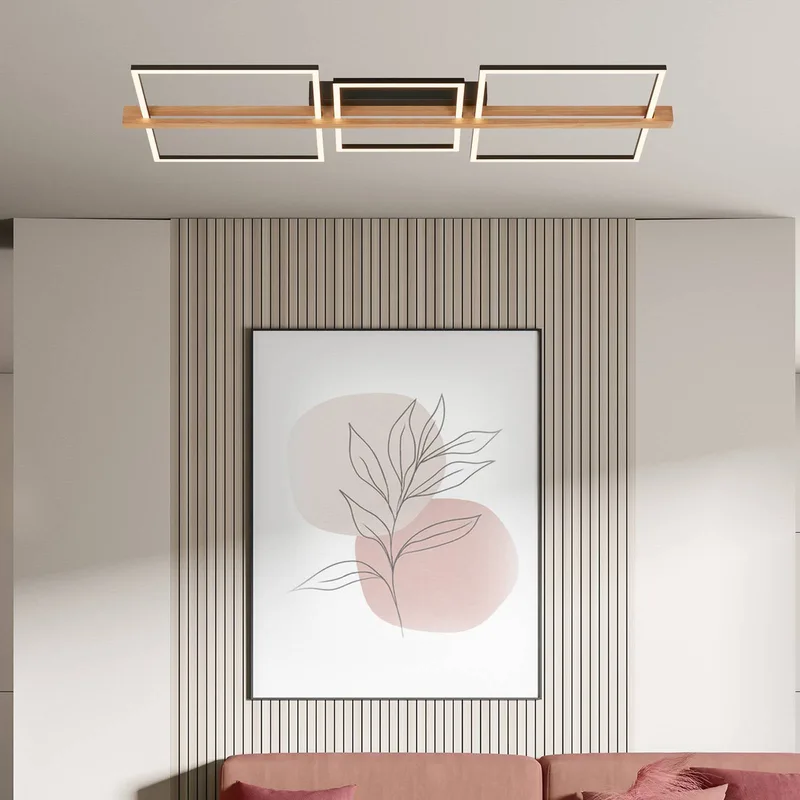 LED plafondlamp Moldura, 108 x 35 cm, hout, metaal, zwart by Briloner in Black, Licht hout – product photo