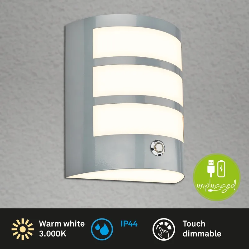 LED wandlamp oplaadbaar - dimbaar buitenverlichting - met timer - 18 x 15 x 7 cm - mat chroom de Briloner en Chrom-matt – photo produit
