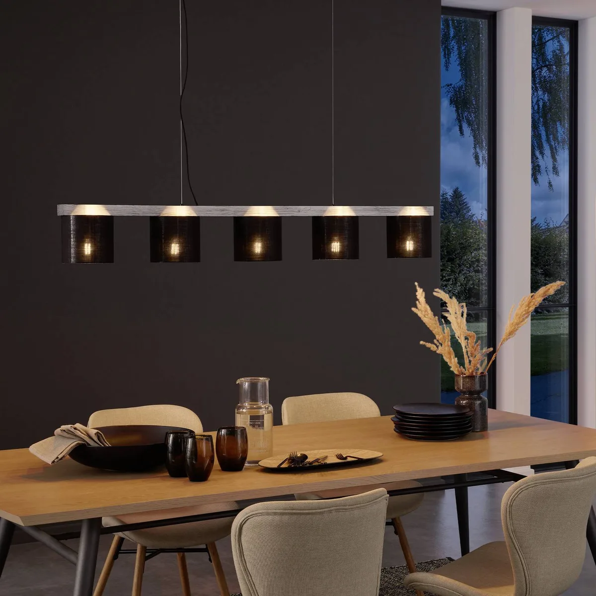 Pendelleuchte, schwarz/silber, 5-flg., Textil/Holz, 110 cm by Briloner in Black, Silver – product photo