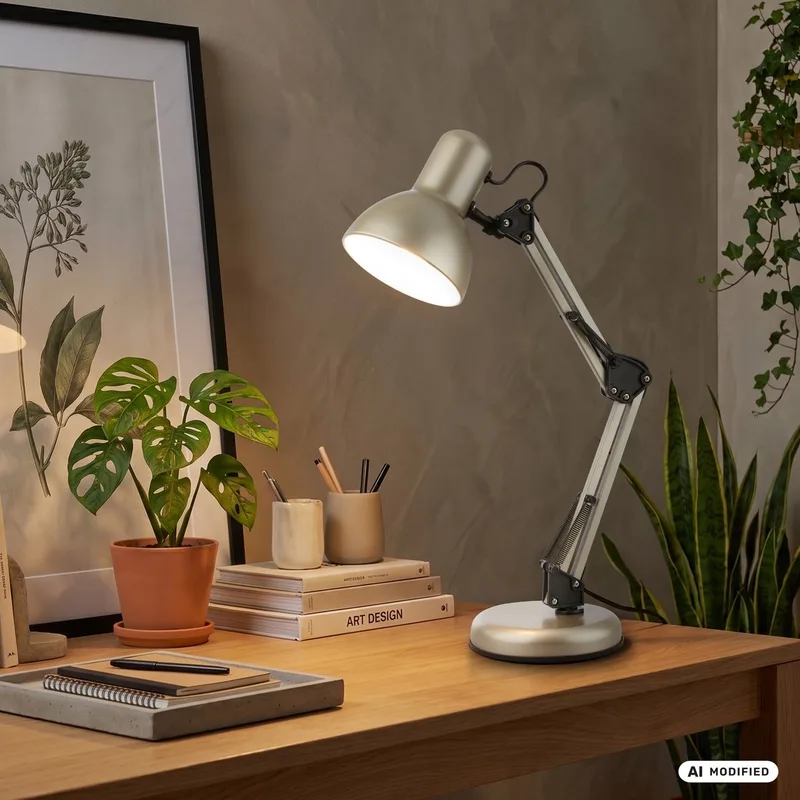 Pixa - Tafellamp - bureaulamp - zwenkbaar - kabelschakelaar - E14 fitting - max. 25 watt - Ø15.5 x 53 cm - satijn von Briloner in Metallic – Produktfoto