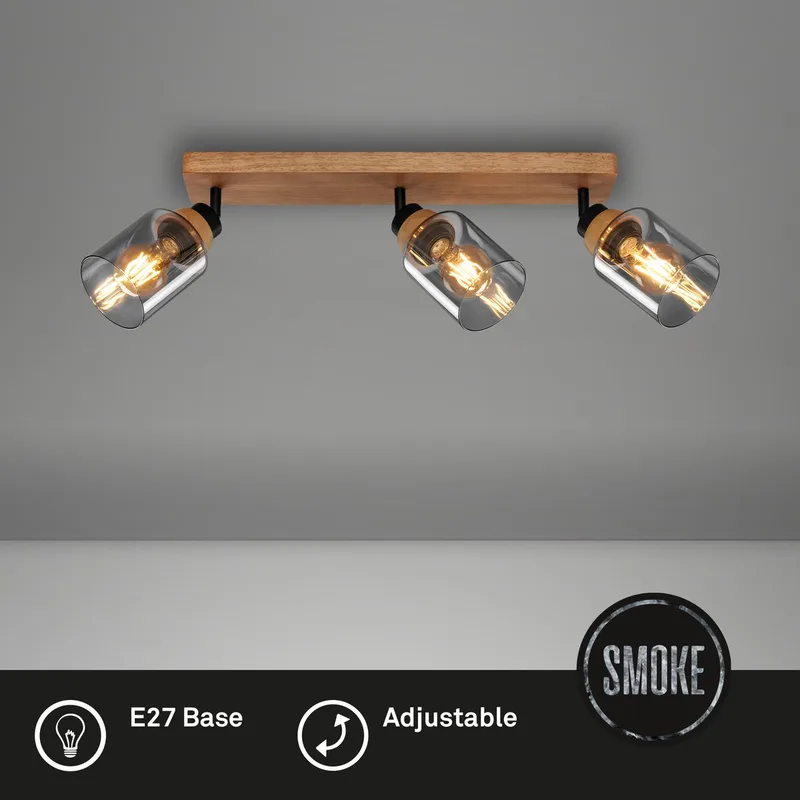 Plafondlamp - 2486035 - Zwenkbaar - E27 fitting - Rookglas - Gloeilamp niet inbegrepen - 50 x 11 x 11,5 cm - Zwart hout de Briloner en Met – photo produit