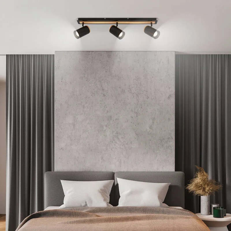 Plafondspot Duta, lengte 70 cm, zwart/houtkleurig, 3-lamps. de Briloner en Noir, Licht hout – photo produit