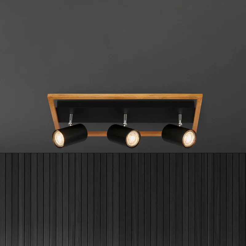 Plafondspot Frey houten frame GU10 zwart 3-lamps de Briloner en Noir, Licht hout – photo produit