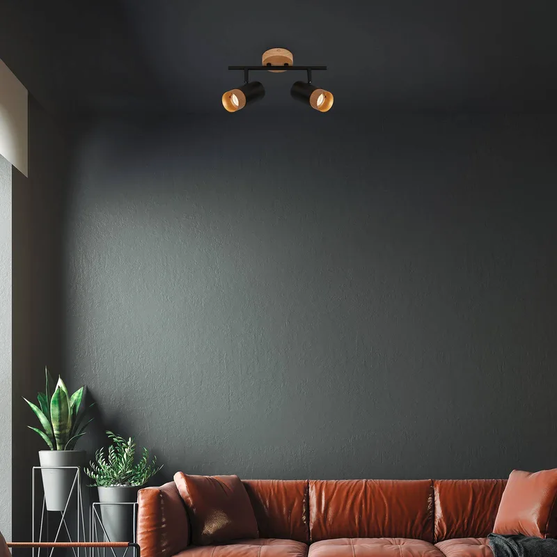 Plafondspot Plek GU10 zwart/hout 2-lamps de Briloner en Noir, Licht hout – photo produit