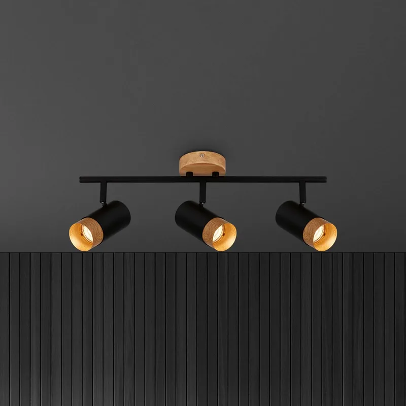Plafondspot Plek GU10 zwart/hout 3-lamps de Briloner en Noir, Licht hout – photo produit