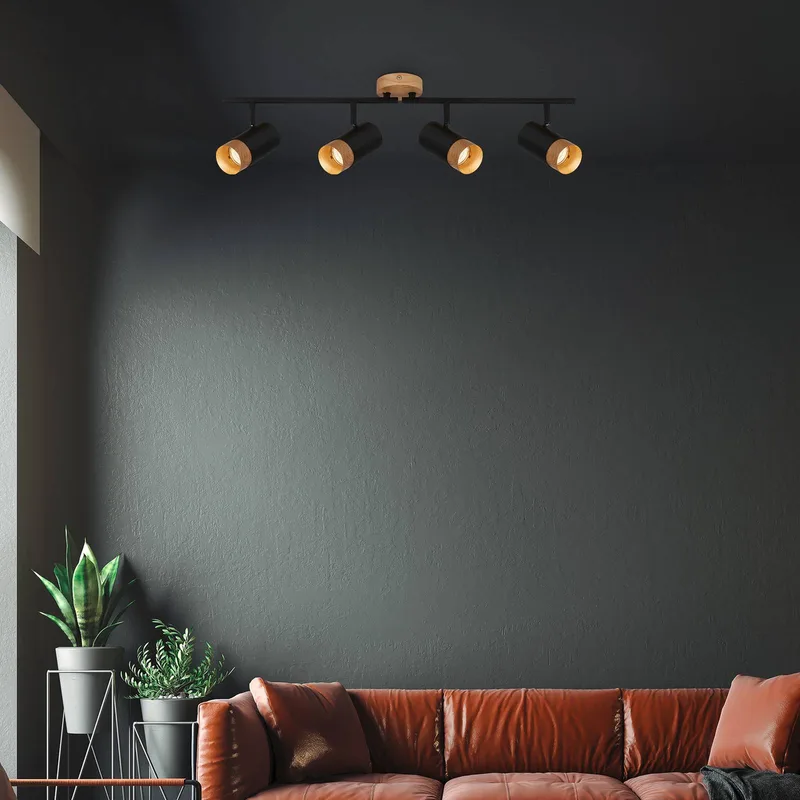 Plafondspot Plek GU10 zwart/hout 4-lamps de Briloner en Noir, Licht hout – photo produit