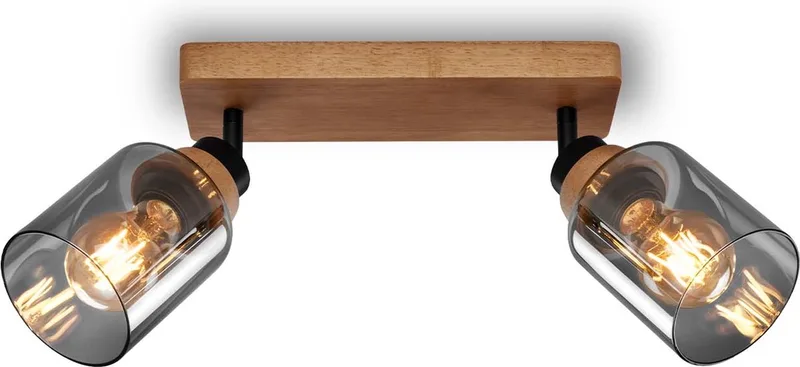 Royk - Opbouwspot met rookglas - met hout - plafondspot met 2x E27 fitting - 28cm van Briloner in Rook – productfoto