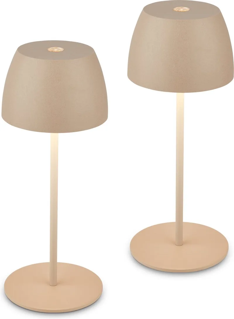Set van 2 mini Tafellampen - oplaadbar buitenlampen - IP44 - warm wit licht 2.700 K - dimbaar - met USB-C - 8 x 20 cm von Briloner in Beige – Produktfoto