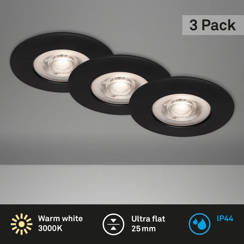 Set van 3 LED Inbouwspots - badkamerverlichting - Ø9 cm - IP44 - 5 W - 460 Lm - 3.000 K fra Briloner i Sort – produktbillede