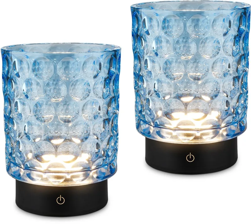 Sunora - Set van 2 Tafellampen oplaadbaar - snoerloze lamp - glazen lamp - dimbaar - blauw - Ø11 x 15 cm van Briloner in Blauw – productfoto