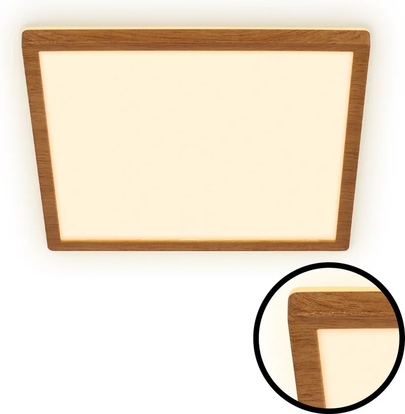 Tava Wood - LED Plafonniere met houtlook - plafondlamp met Indirect licht - warm wit licht - 29 x 29 x 3 cm - 18W de Briloner en Bruin hoekig – photo produit