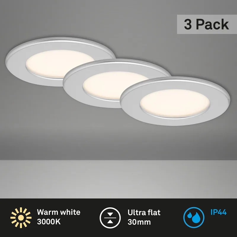 THIN - inbouwspots set van 3 - 3 x LED / 6W 450lm - IP44 (badkamer) - lichtkleur: warm wit - inbouwdiepte: 30mm - inbouwmaat: 100mm - product: Ø115mm - mat chroom by Briloner in Nikkel (mat) – product photo