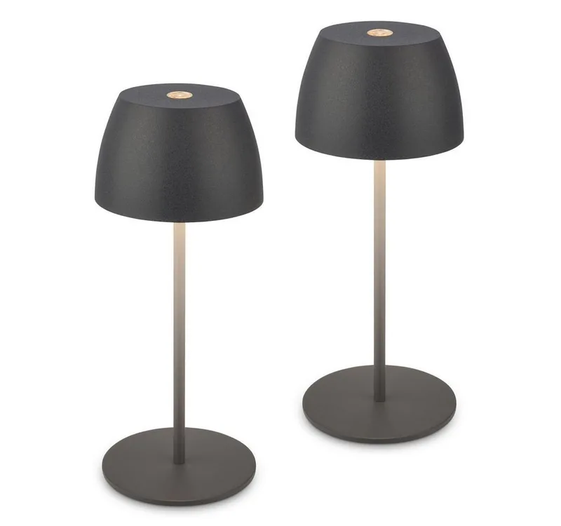 Tischleuchte 2x LED Akku Tischlampe kabellos Anthrazit 20cm Innen/Außen, Dimmfunktion, LED fest integriert, 2700K - Extra-Warmweiß, 2x Tischlampe kabellos 20 x 8 cm Anthrazit 2,5W Wohnzimmer de Briloner en Noir – photo produit